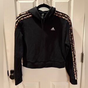 Adidas Cropped Black Hoodie with Leopard Print Stripes